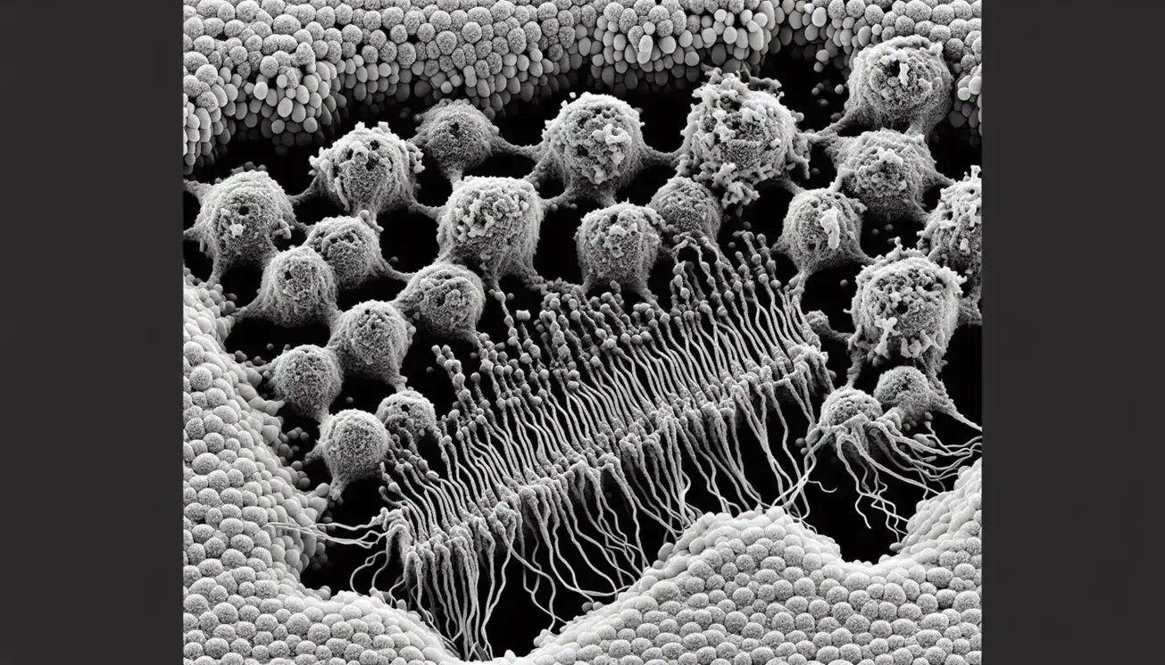 Micrografía electrónica de transmisión en blanco y negro mostrando ribosomas y retículo endoplásmico en una célula, destacando la complejidad celular.