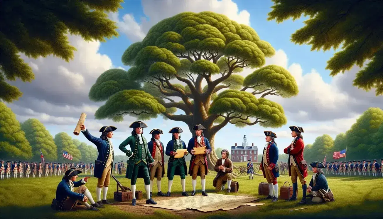 Scena storica della Guerra d'Indipendenza Americana con uomini in uniformi del XVIII secolo, oggetti militari sparsi e case coloniali sullo sfondo.