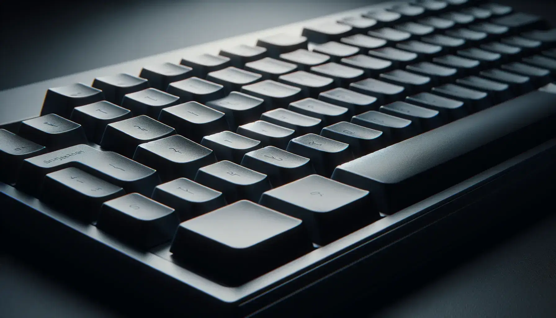 Teclado de computadora en tonos grises y negros con disposición QWERTY, mostrando teclas rectangulares y superficies mates sin letras visibles.