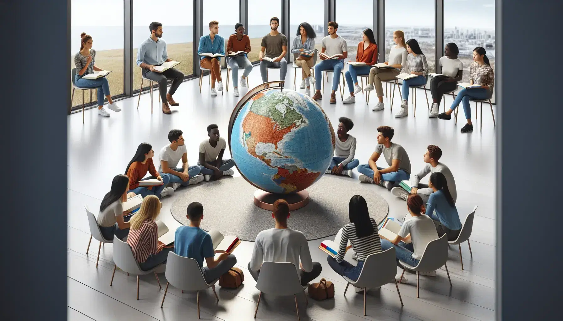 Multi-ethnic group of students sitting in semicircle in modern classroom with globe in center, open books and observing facilitator.