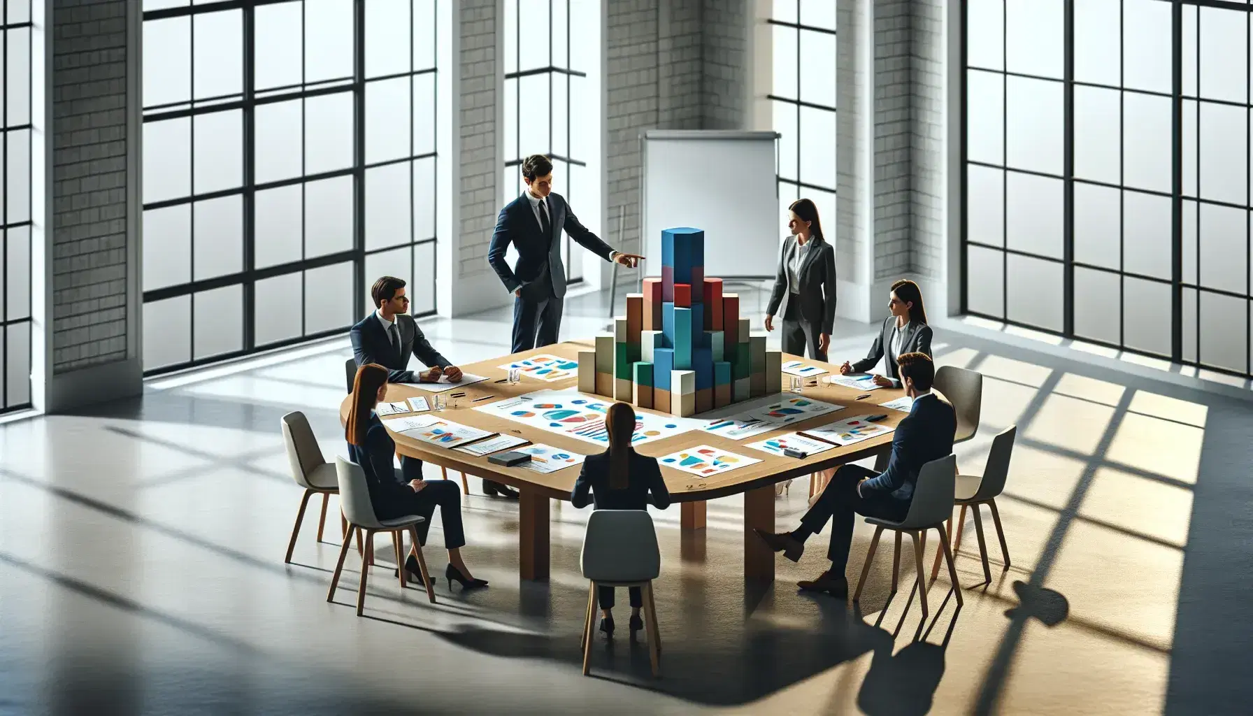 Grupo de cuatro profesionales en reunión de trabajo alrededor de una mesa redonda con modelo organizacional en 3D y material de oficina, en una sala iluminada con ventana.