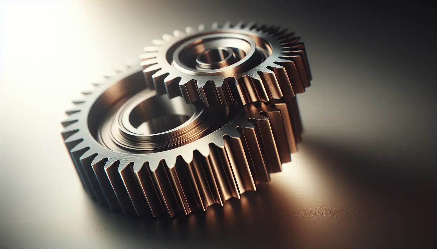 Close-up view of interlocking bronze and silver metallic gears demonstrating precision and synergy, set against a soft-focus background.