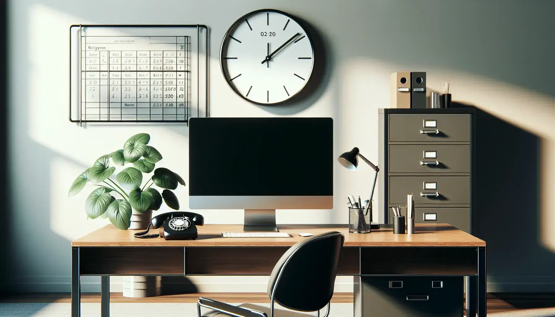 Organized office with wooden desk, modern computer, rotary phone, potted plant, glass whiteboard, steel filing cabinet, and a simple wall clock.