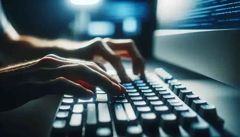 Manos tecleando en un teclado moderno blanco con luz suave reflejada y monitor de computadora desenfocado al fondo.