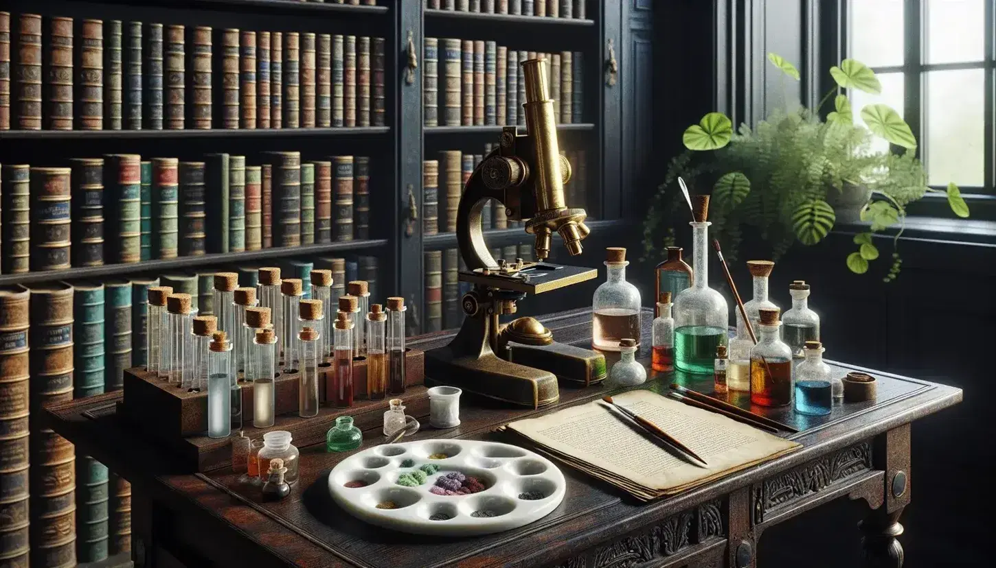Laboratorio de biología del siglo XIX con microscopio de latón, botellas de vidrio con tapones de corcho, paleta de porcelana con pigmentos y estantería de libros encuadernados en cuero.