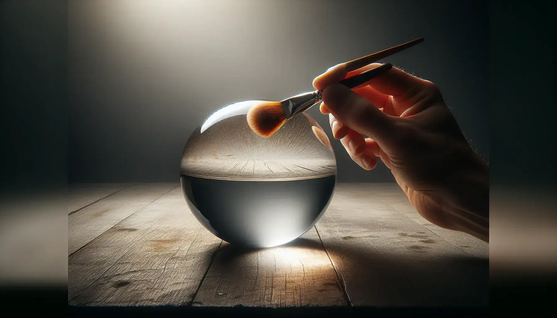 Mano sosteniendo pincel toca esfera de cristal sobre mesa de madera oscura, reflejando colores ambientales distorsionados y juego de luz y sombra.