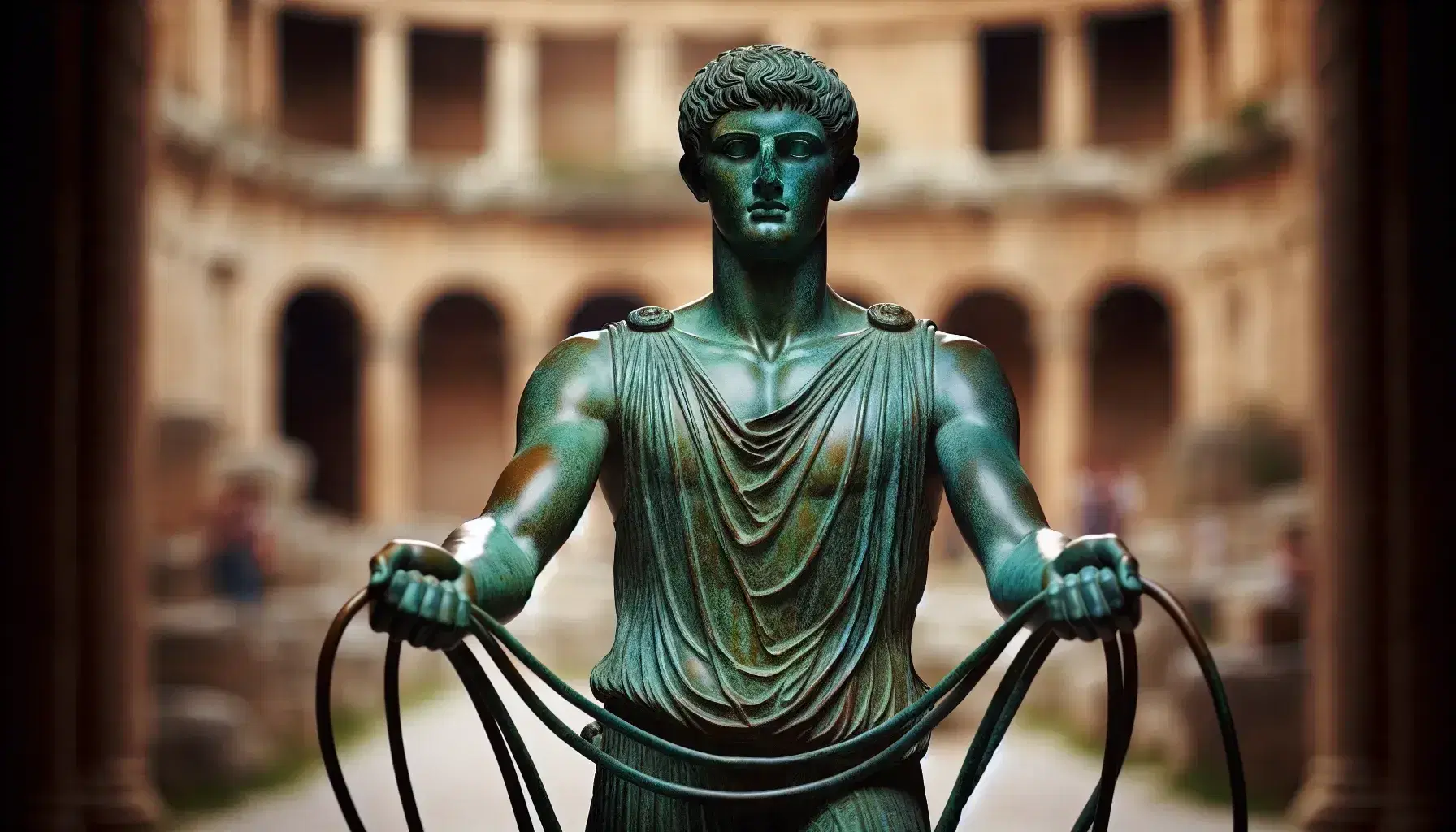 Statua in bronzo di auriga greco classico con tunica, mani tese e sguardo fisso, su sfondo sfocato di rovine antiche.