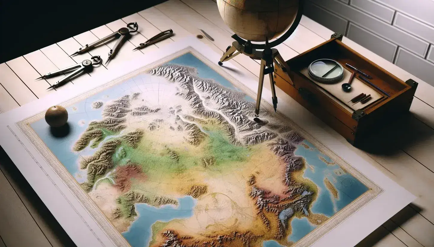 Mappa geografica colorata su carta bianca con compasso e lente d'ingrandimento, globoterrestre parziale e strumenti da disegno su tavolo in legno chiaro.