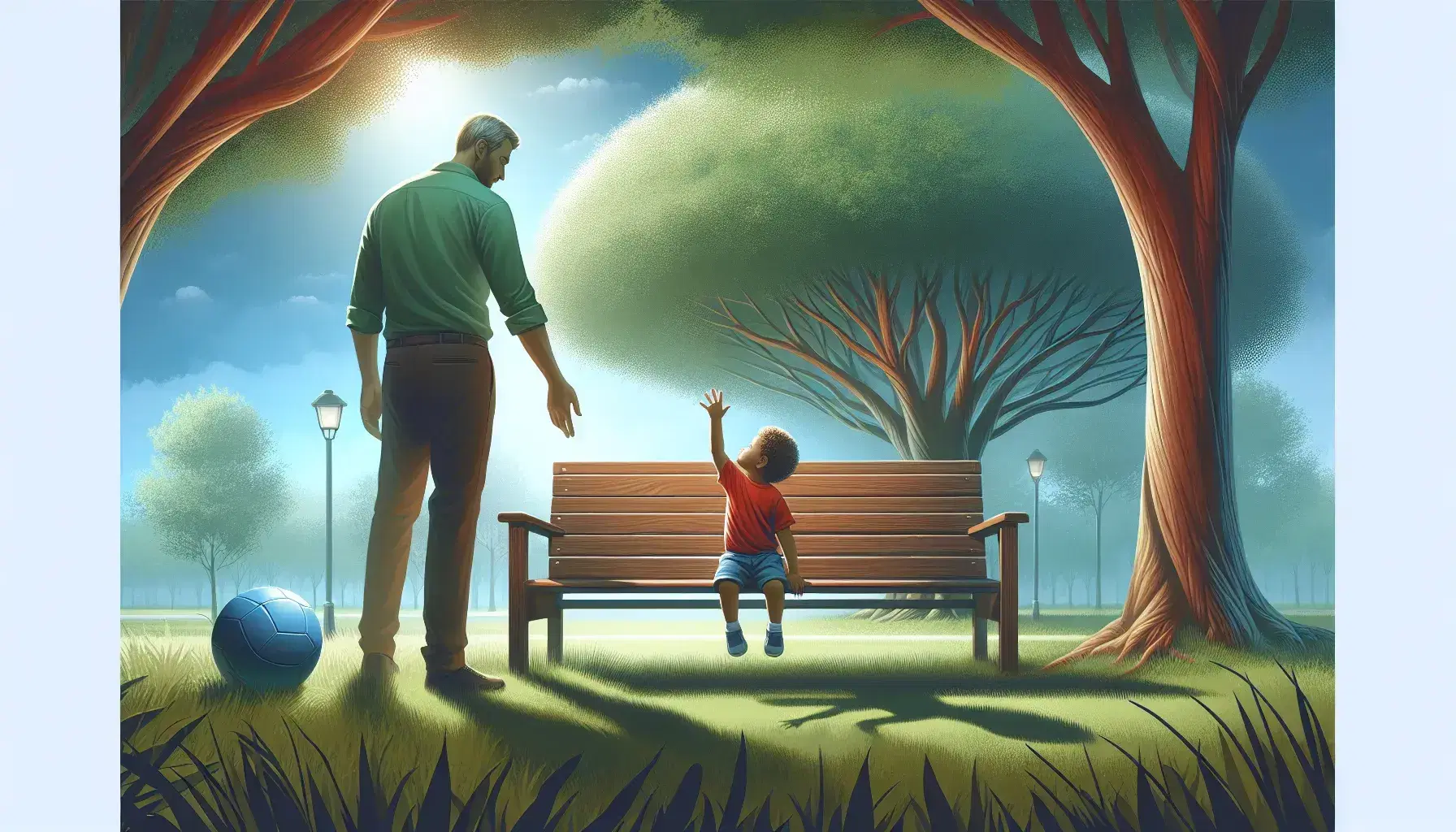 Child reaching for caregiver's hand in a tranquil park with a lush tree, empty bench, and blue ball on a sunny day, symbolizing nurturing relationships.