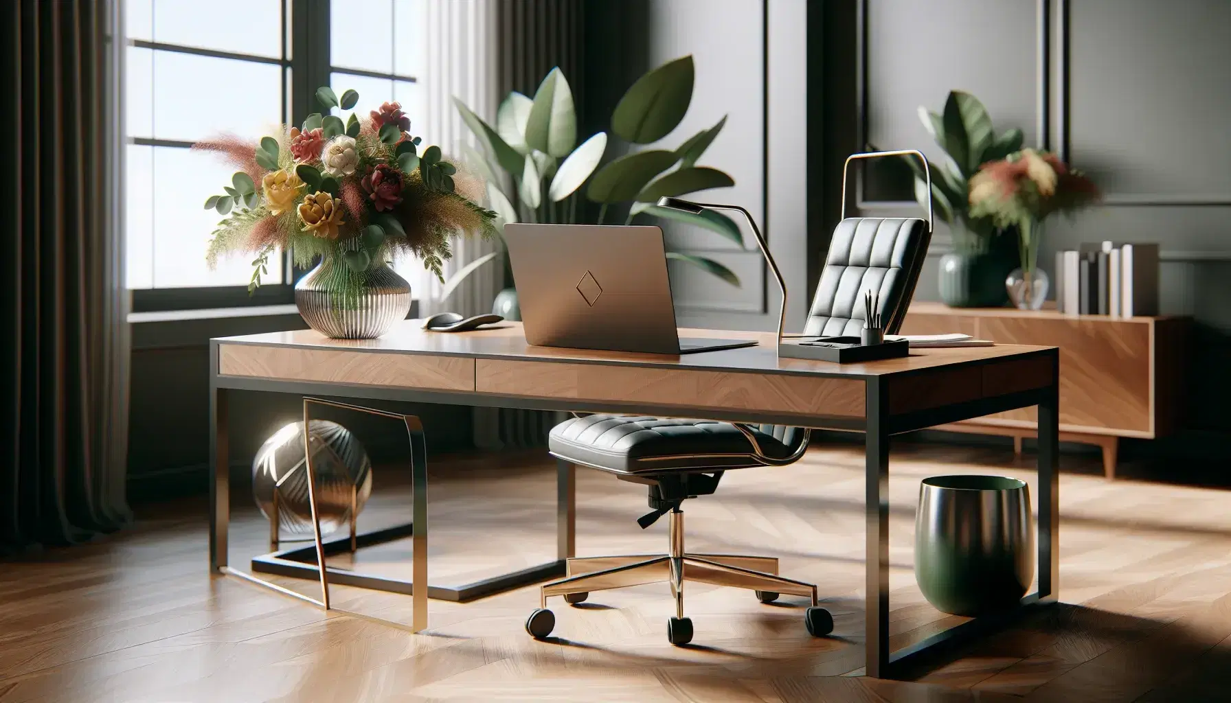 Elegant office with wooden desk, silver laptop, green plant, black leather chair, vase of colorful flowers and skyscrapers view.