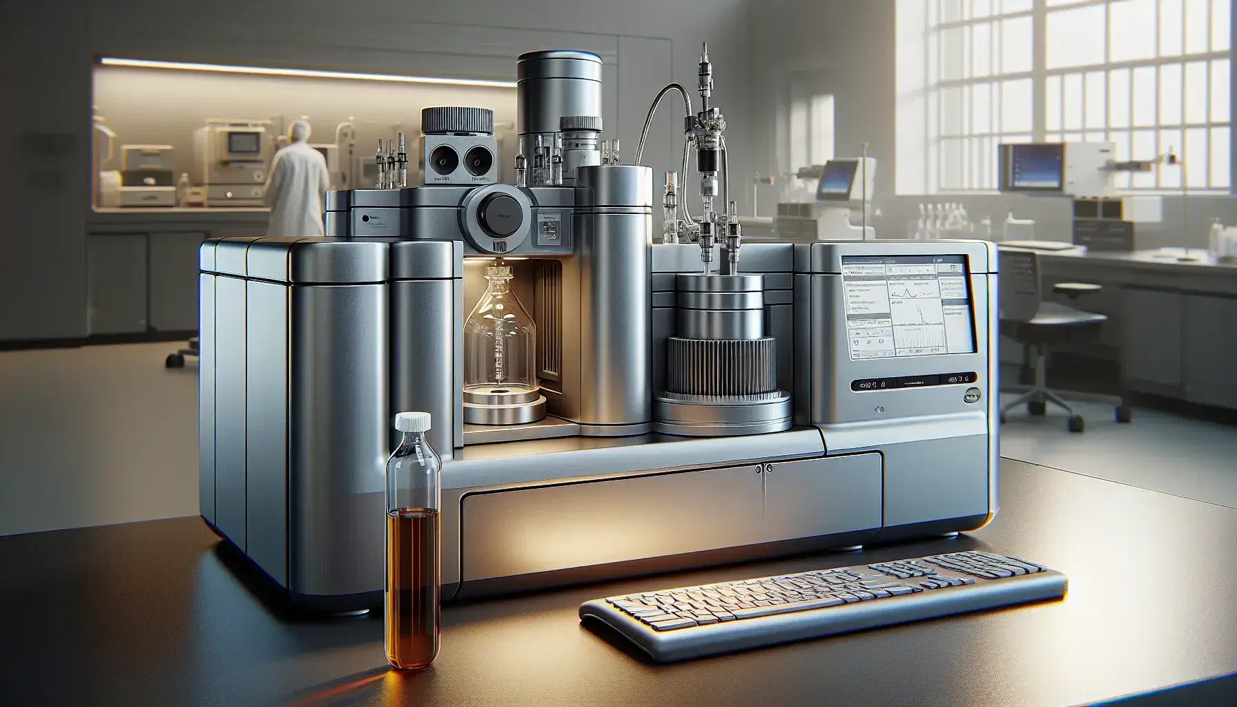 Modern mass spectrometer in laboratory with amber liquid vial, safety gloves and protective glasses on dark gray bench.