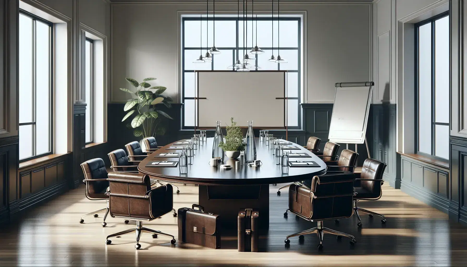 Sala de reuniones espaciosa con mesa ovalada de madera, sillas azules, pizarrón blanco, rotafolio y planta verde, iluminada naturalmente.