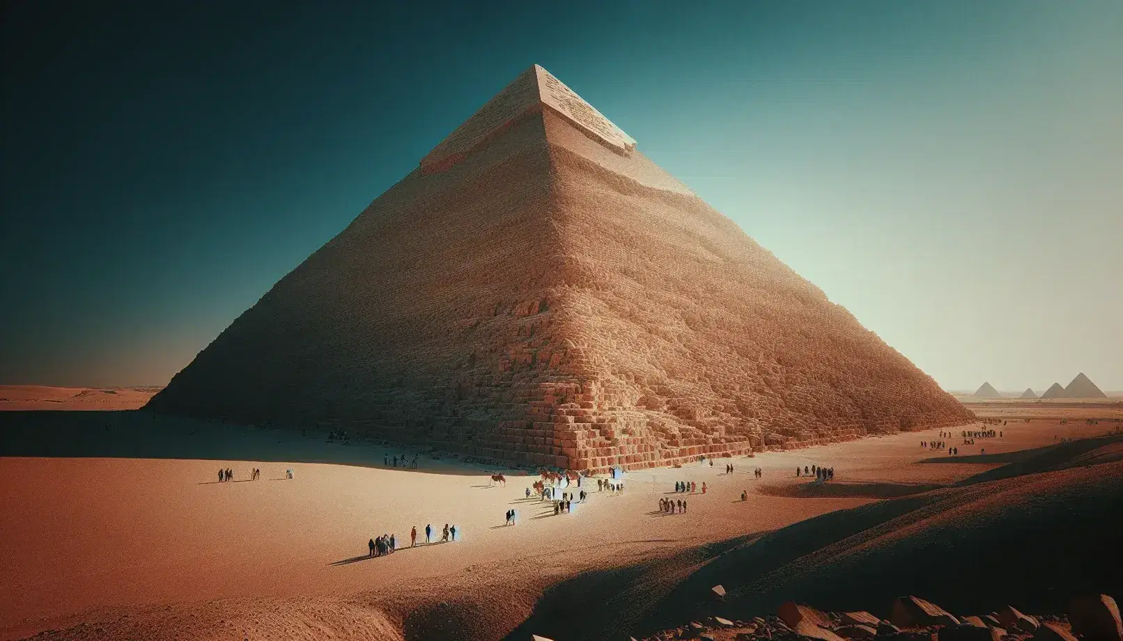 Majestic Egyptian pyramid under a clear blue sky, with tourists at its base providing scale, surrounded by a desert landscape with sparse palm trees.