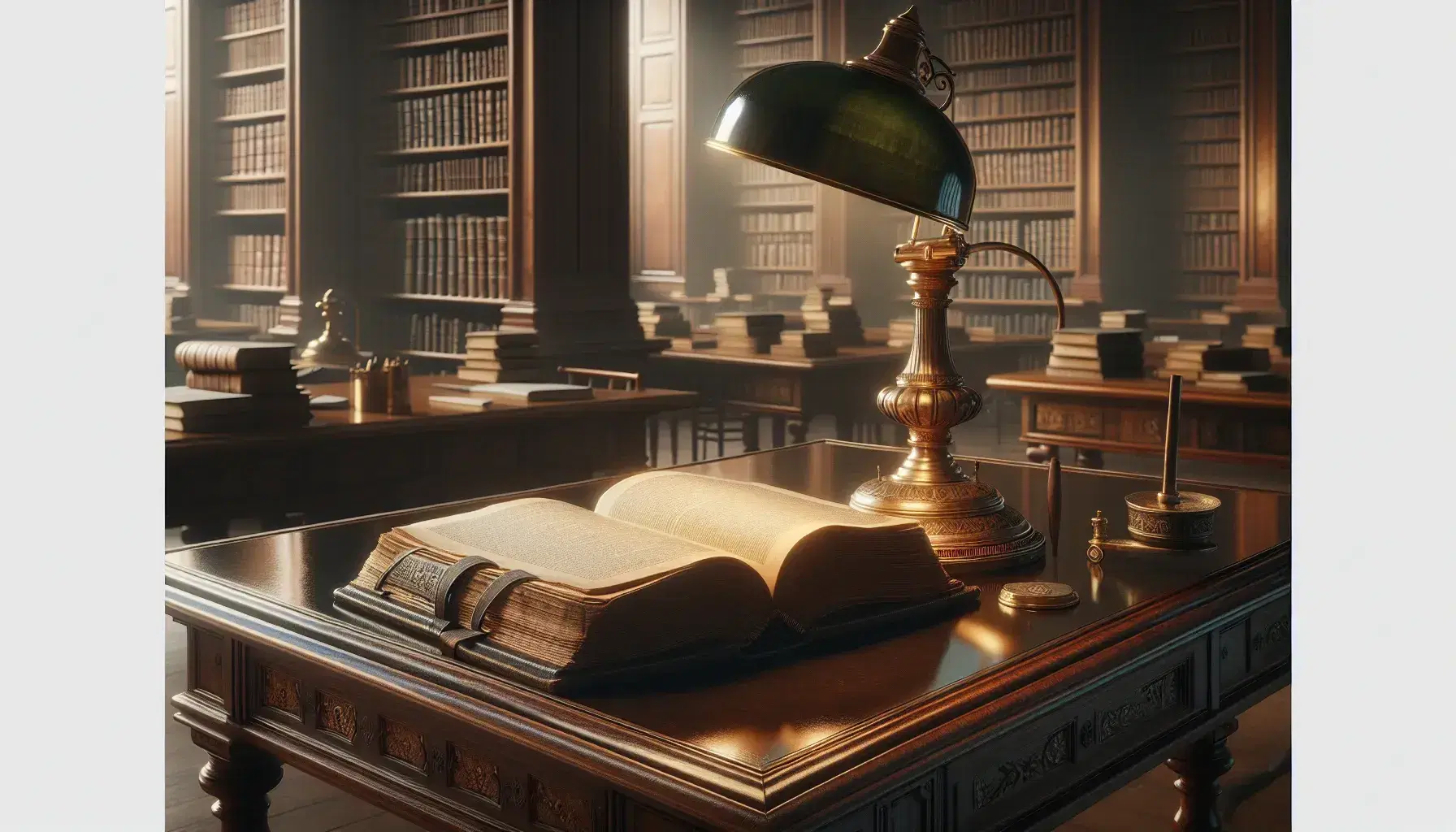 Antique book open on a polished mahogany table with a vintage brass lamp casting a warm glow, surrounded by wooden bookshelves in a classic library.