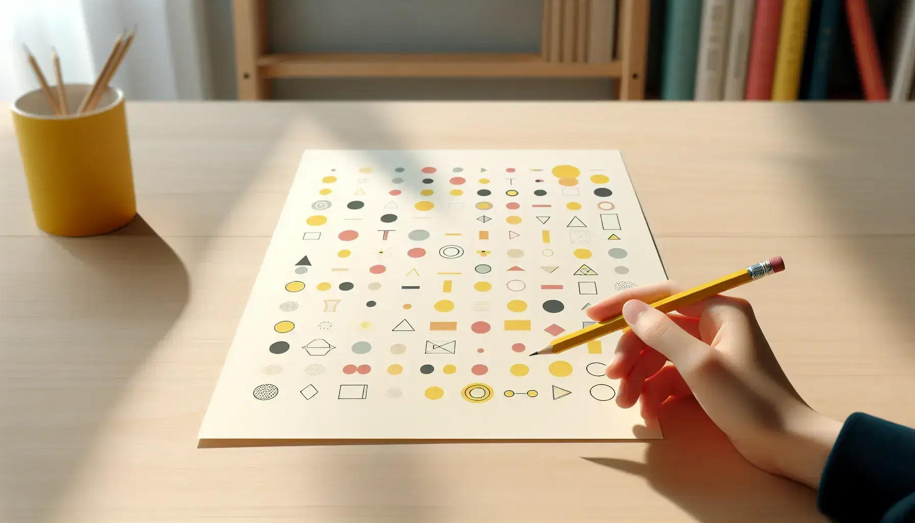 Mano sujetando lápiz amarillo sobre papel con formas geométricas coloridas en mesa de madera bajo luz natural, con estantería desenfocada al fondo.