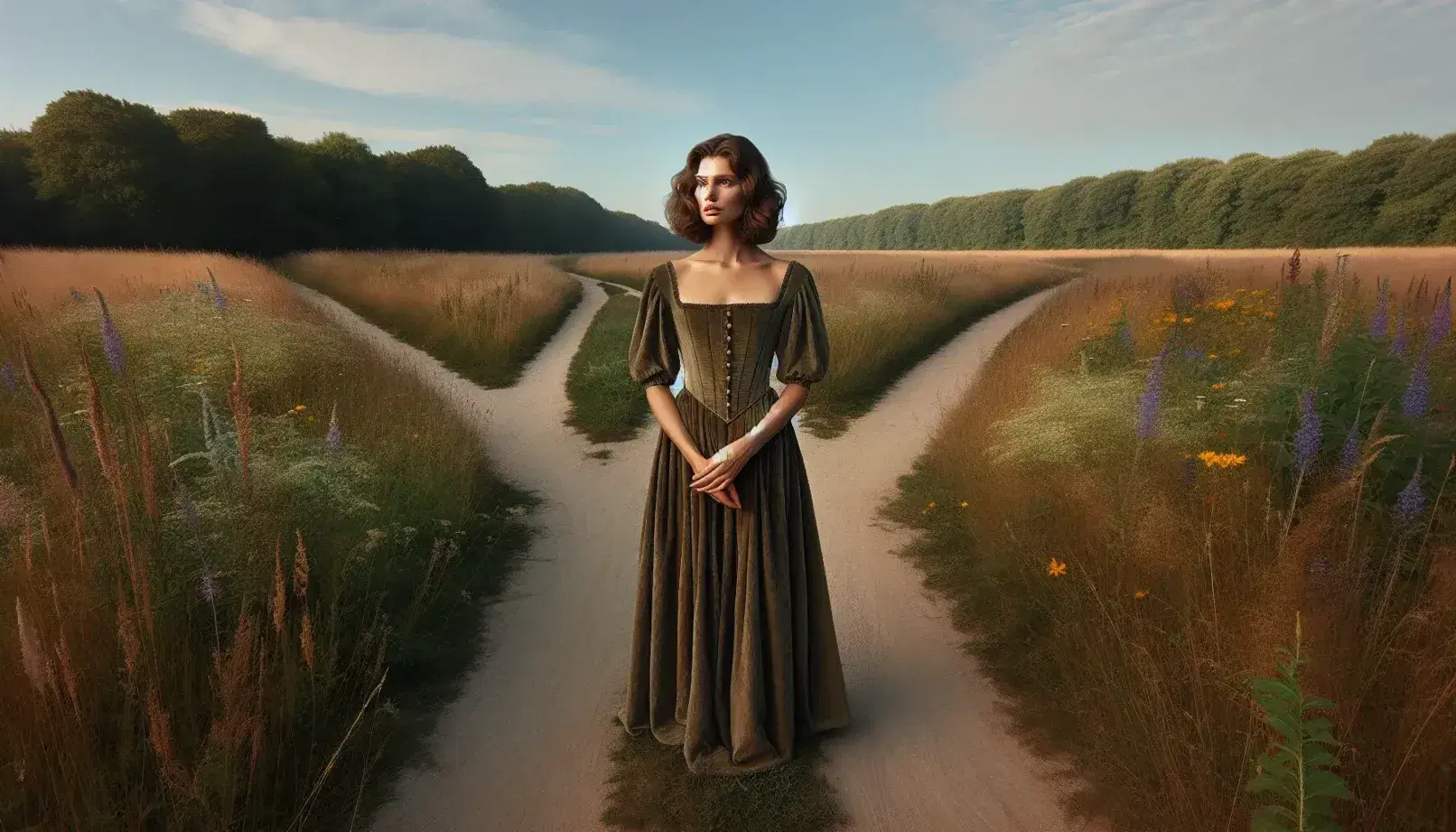 Woman at a fork in a grassy path, contemplating which direction to take, surrounded by wildflowers under a clear blue sky.