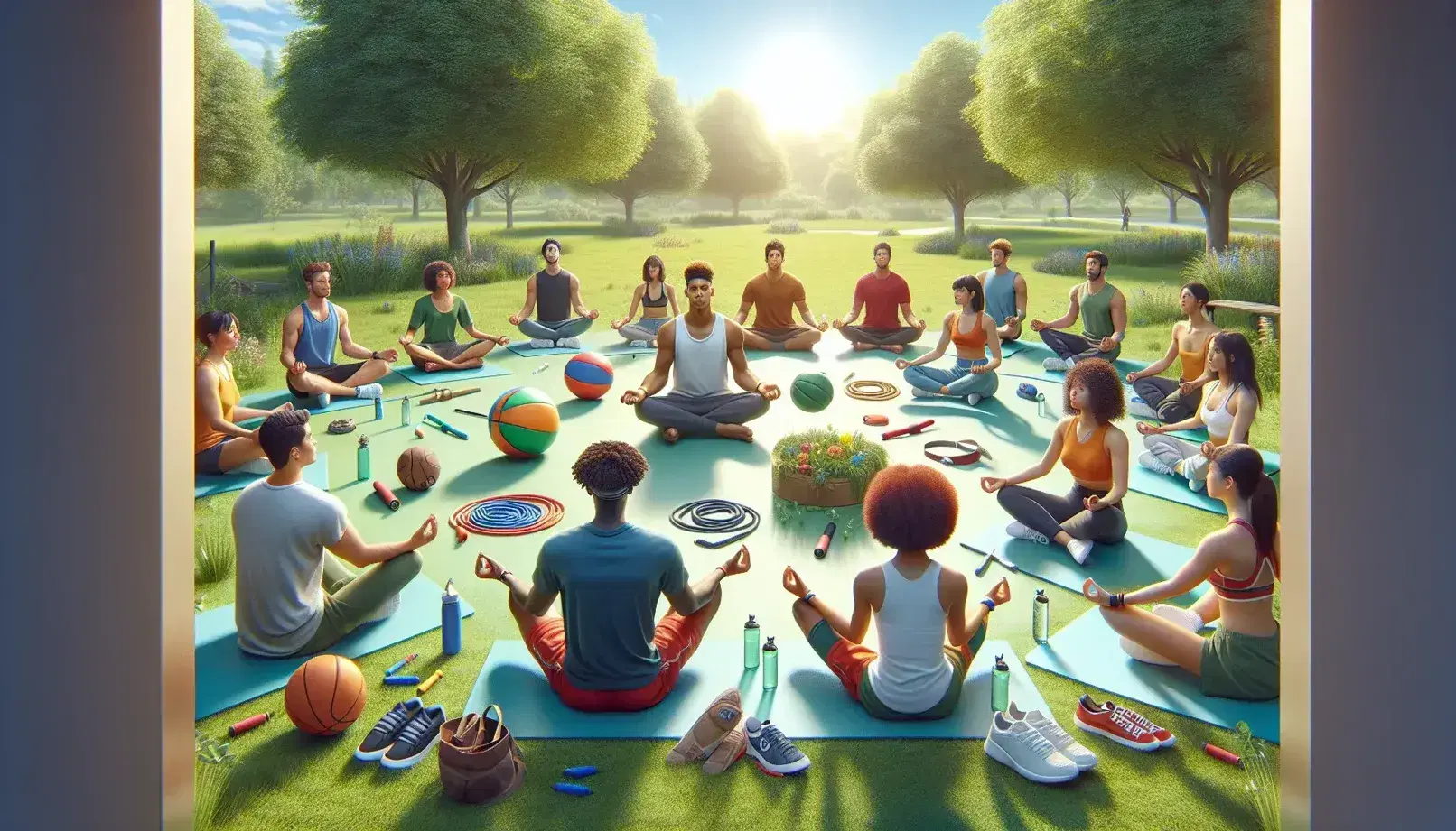 Grupo diverso de personas en ropa deportiva relajándose y ejercitándose en un parque soleado, con objetos de actividad física y naturaleza alrededor.