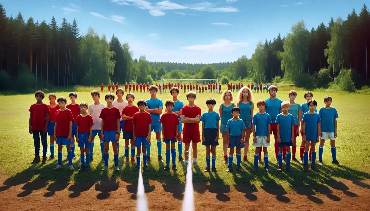 Two teams of children in red and blue shirts face each other on a grassy field with improvised goals, ready for a sporting competition.