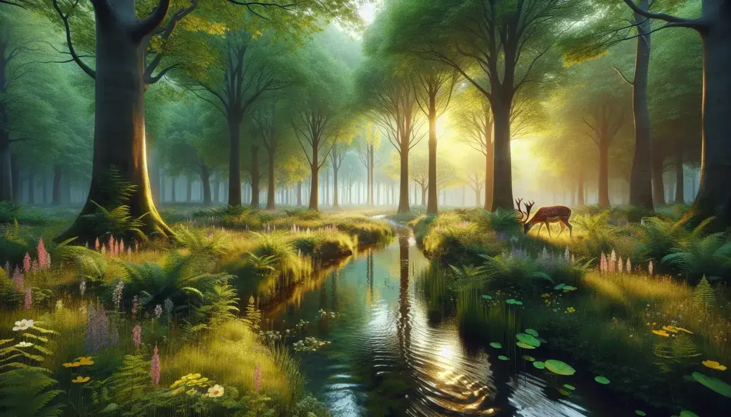 Serene dawn in a forest with a stream reflecting pastel skies, surrounded by lush greenery, wildflowers, and a deer drinking peacefully.