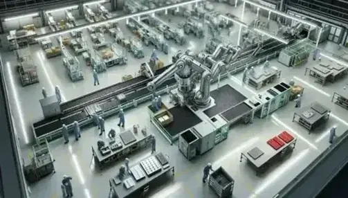 Vista aérea de planta industrial con línea de ensamblaje automatizada, trabajadores en estaciones manuales y maquinaria de producción en serie.