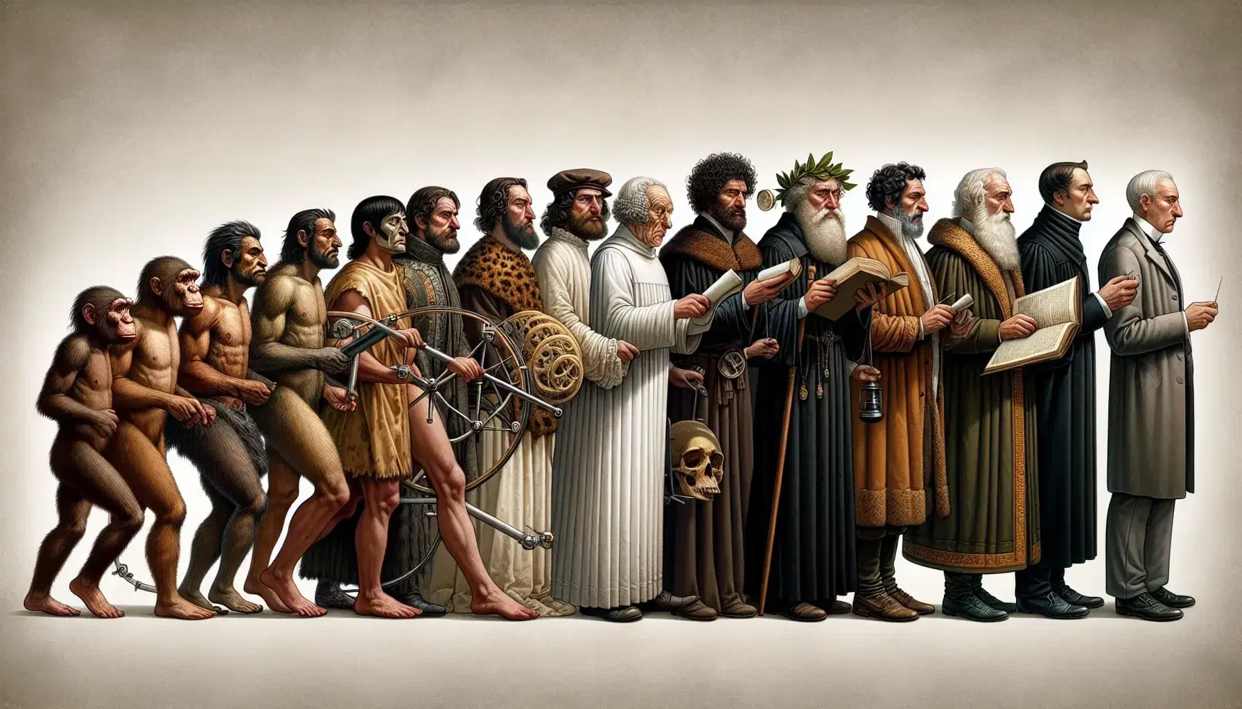 Evolución histórica de figuras humanas, desde un cavernícola hasta un hombre moderno con laptop, representando el progreso del conocimiento.