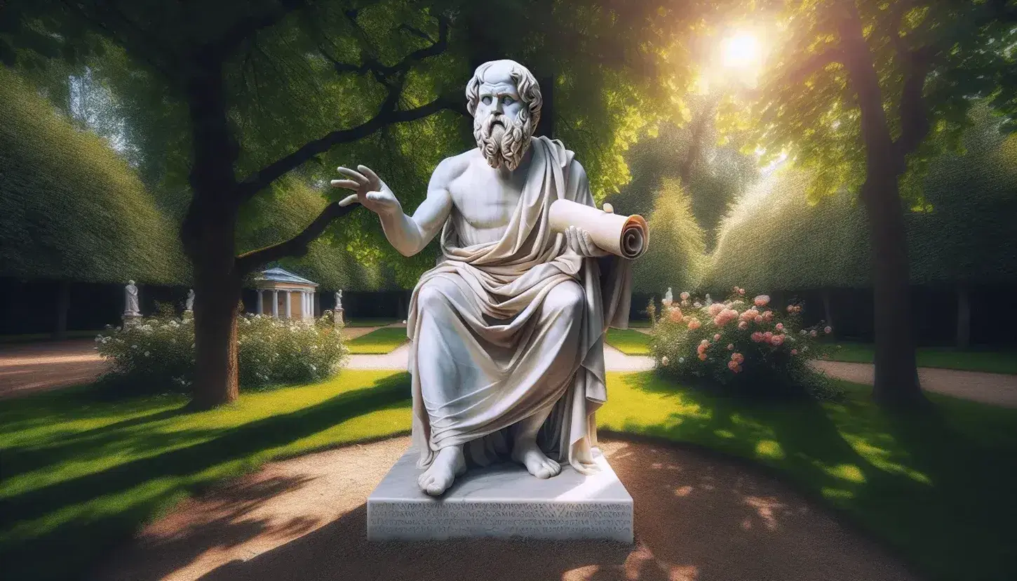 Estatua de mármol blanco de filósofo antiguo en parque, con mano extendida y rollo de papiro, rodeada de árboles y flores bajo luz solar.