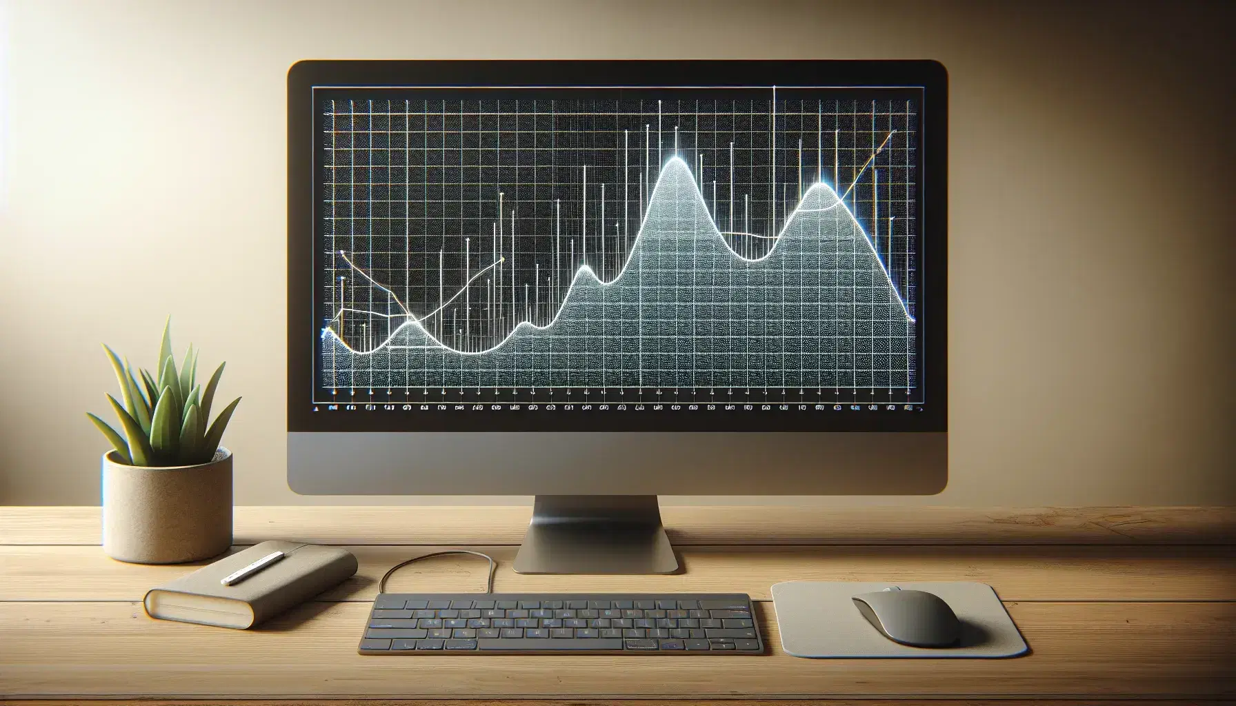 Monitor with exponential graph on logarithmic scale, keyboard in shades of gray, optical mouse and green plant in pot on wooden desk.