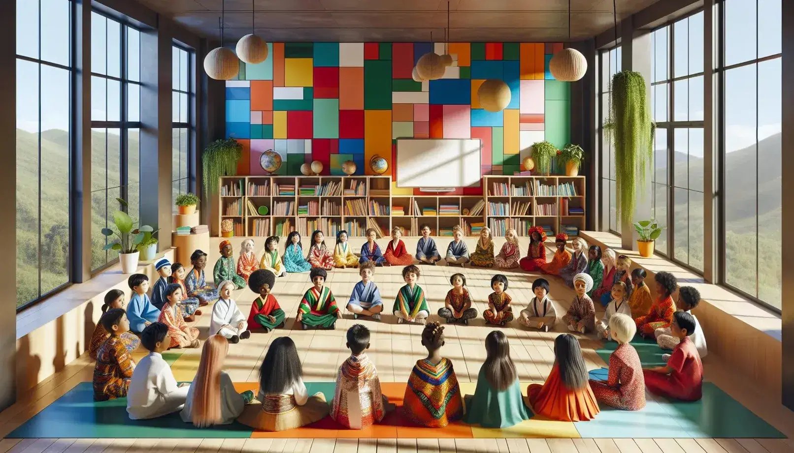 Niños de diversas culturas sentados en círculo en un aula colorida, con trajes típicos y estanterías con libros y plantas, bajo luz natural.