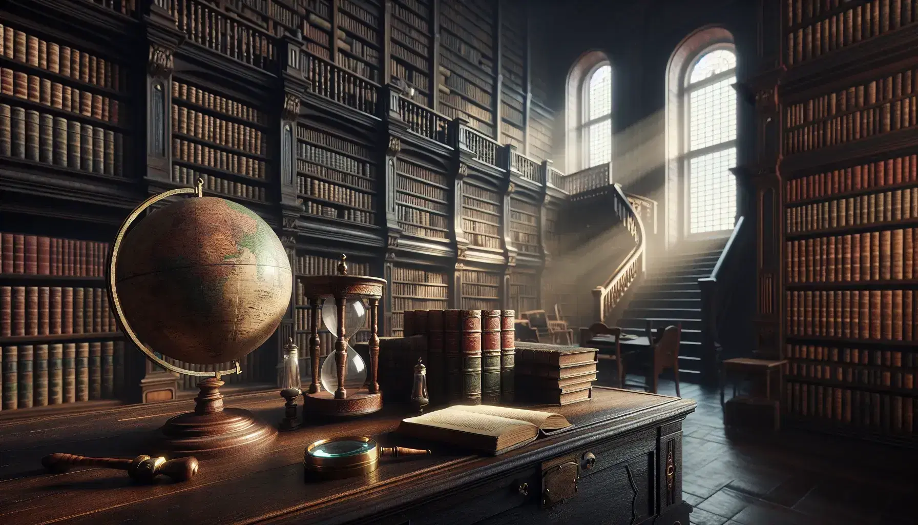 Biblioteca antigua con estanterías de madera oscura llenas de libros, mesa central con globo terráqueo sepia, lupa y reloj de arena, iluminada por luz natural.