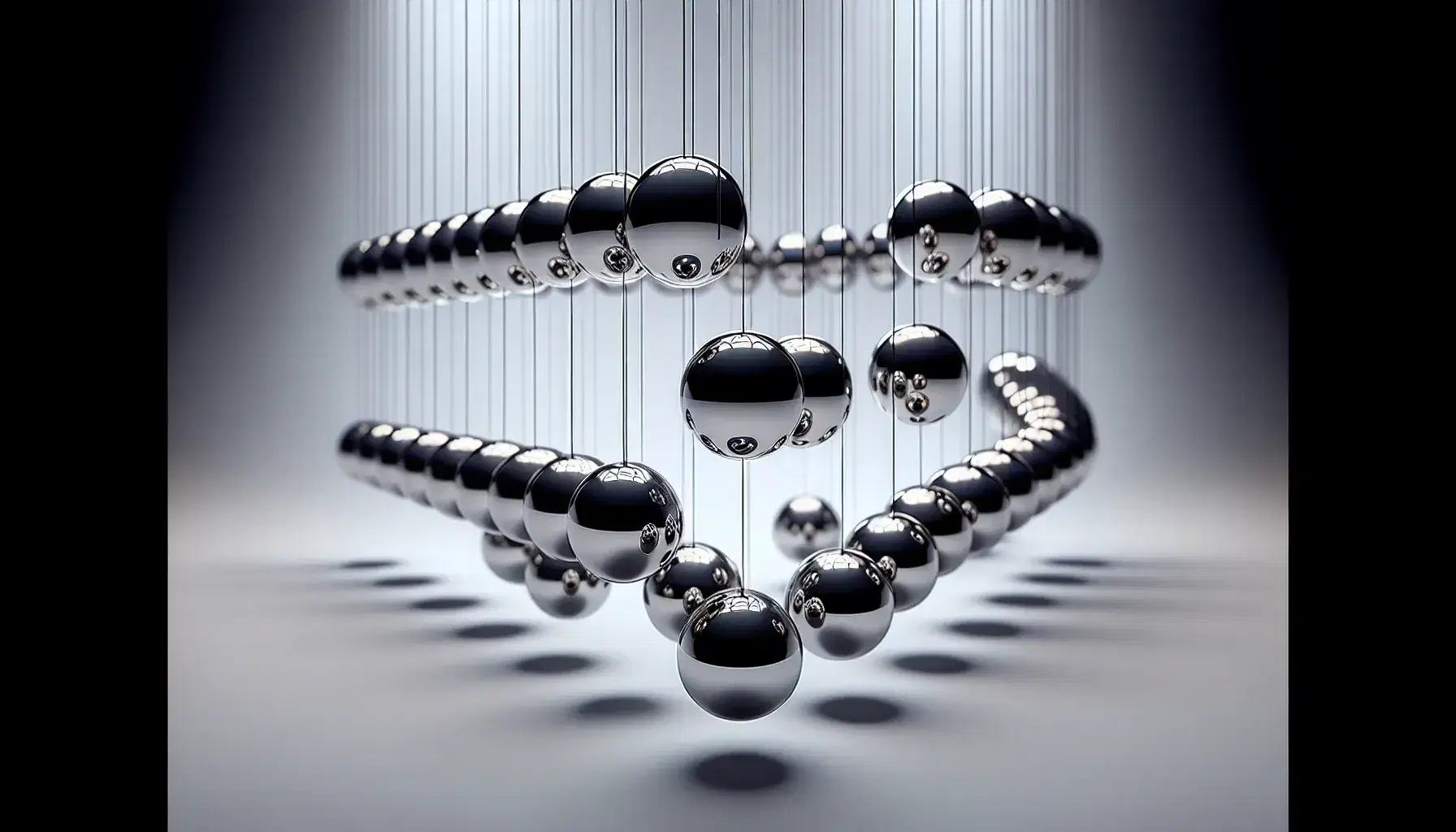 Esferas metálicas colgantes reflejando luz en patrón espacial con hilos transparentes sobre fondo gris neutro, transmitiendo equilibrio y precisión.