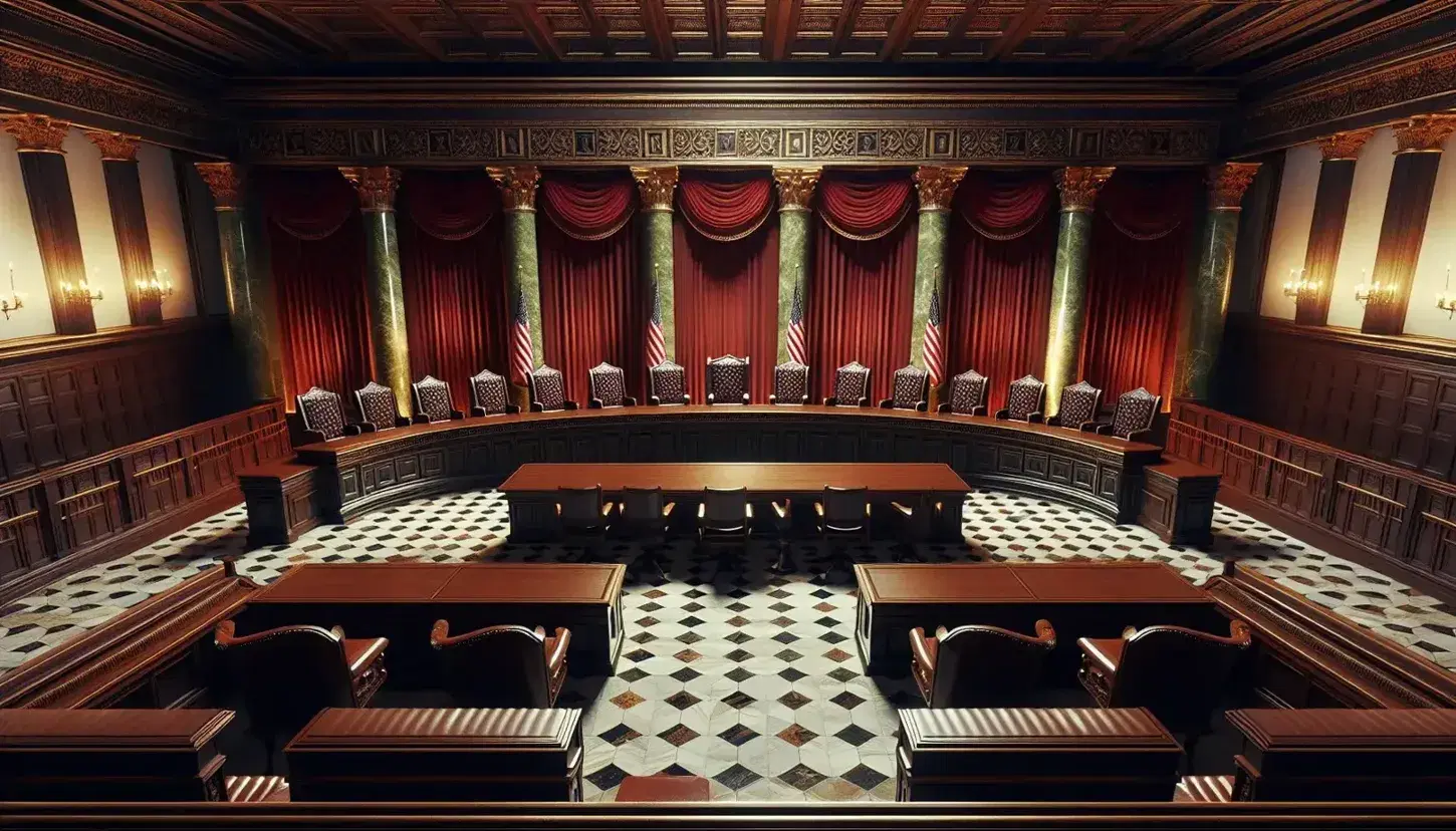 Elegant courtroom interior with a curved judge's bench, high-backed chairs, checkered marble floor, red drapery, and two national flags.