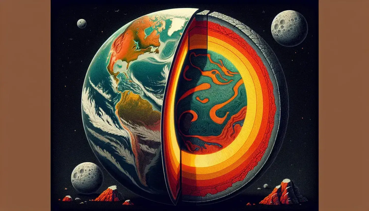 Cross section of Earth showing crust, mantle with molten rock movements, outer and inner core, with cratered Moon and tectonic boundary in foreground.