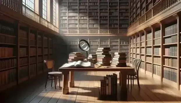 Biblioteca espaciosa con estanterías de madera llenas de libros, mesa central con libros apilados y lupa, luz natural entrando por ventana.