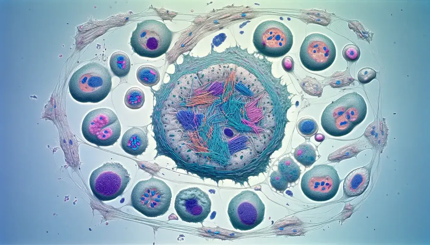 Célula grande en medio de cromosomas entrecruzados y células menores en división con cromosomas alineados y separándose, bajo microscopio.
