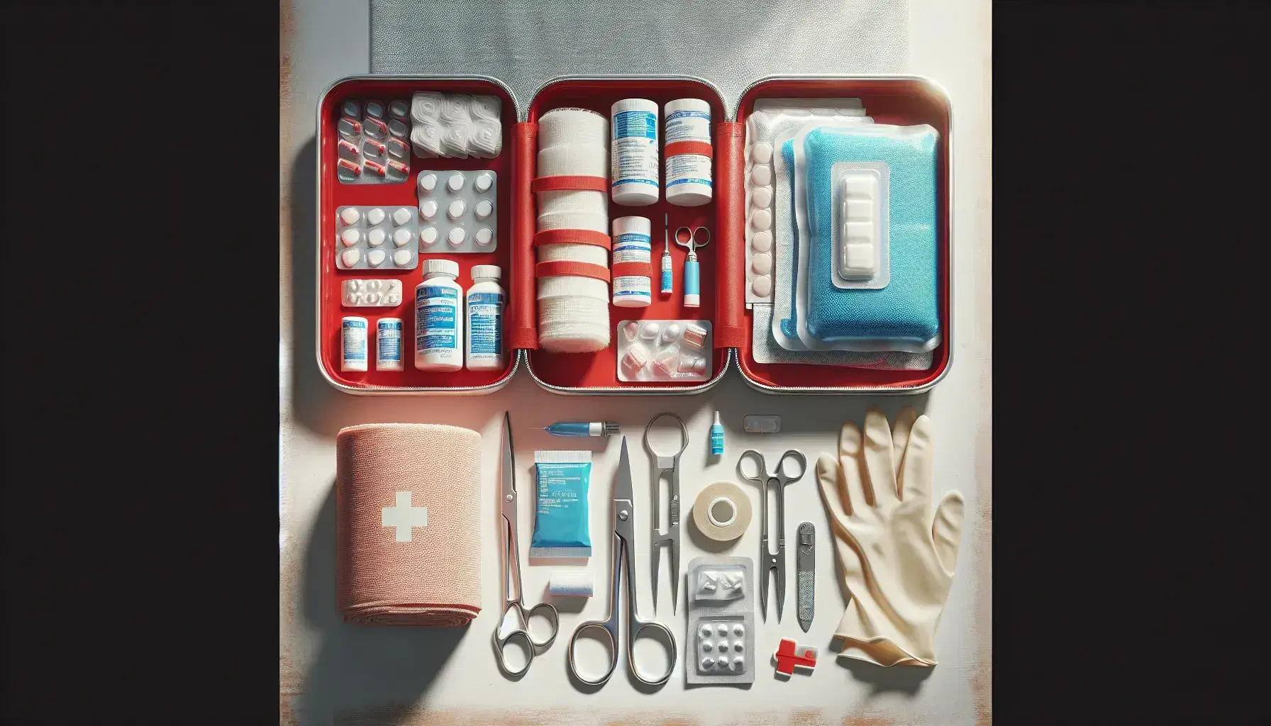 Kit de primeros auxilios abierto con vendas, tijeras, guantes de látex, manta térmica y gel frío/caliente sobre superficie clara.