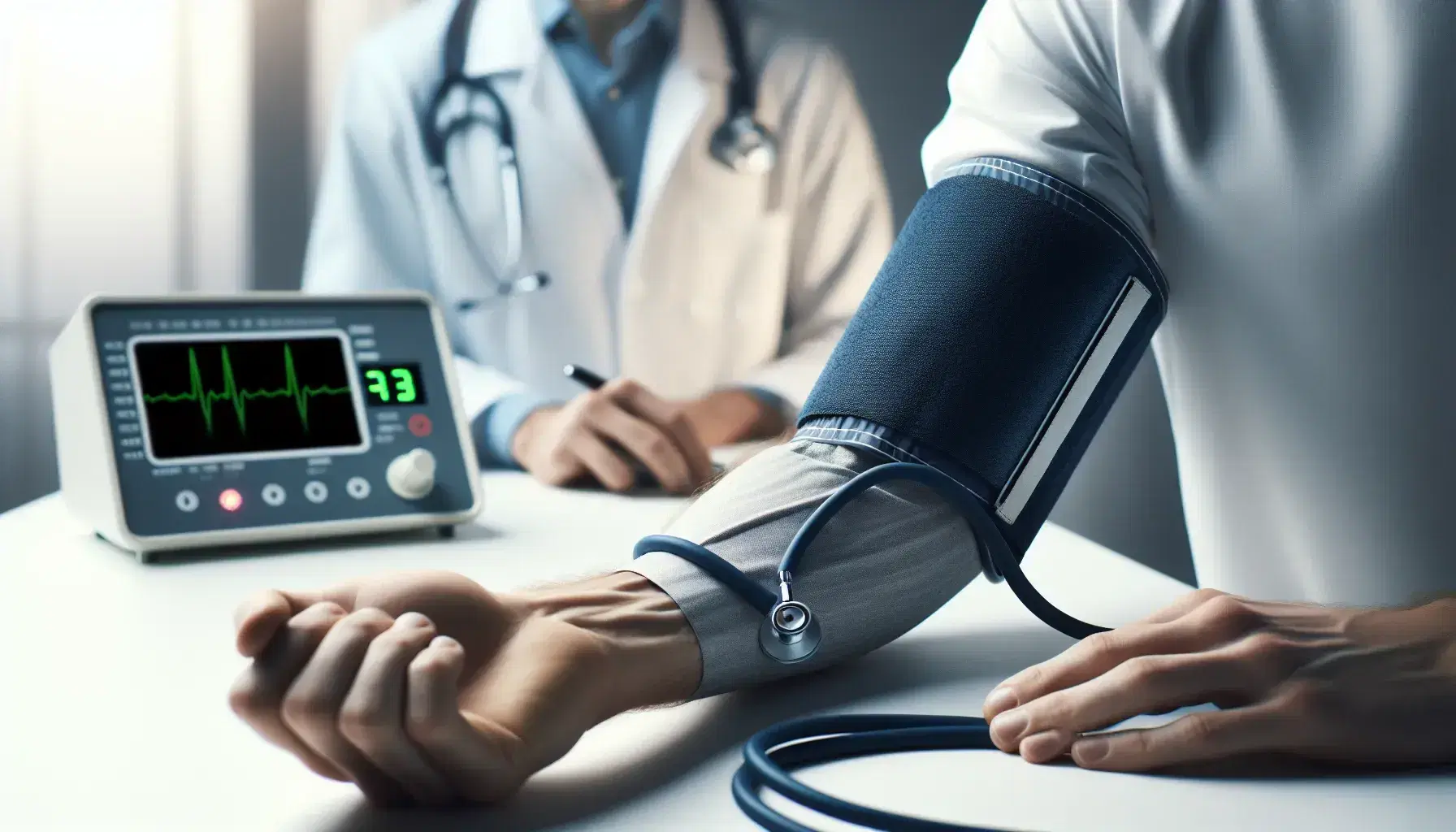 Stress measurement in clinical setting with biceps blood pressure cuff, polygraph machine and digital heart monitor.