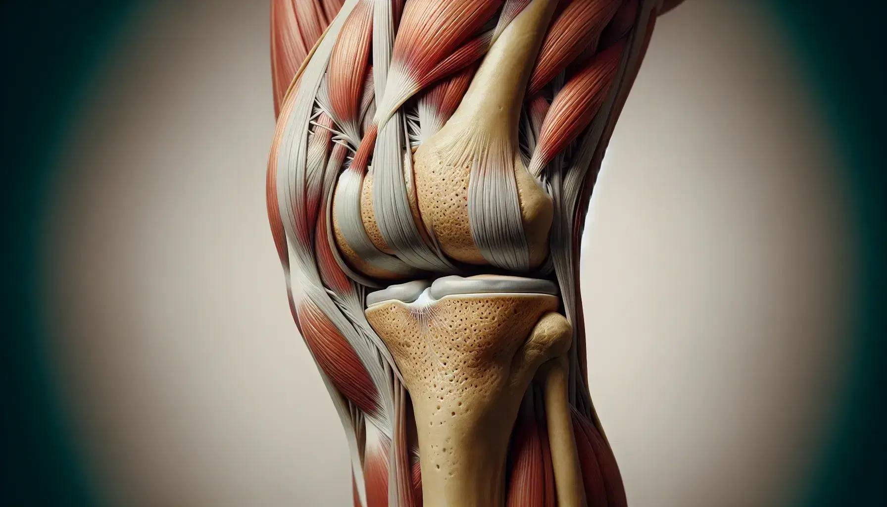 Vista anatómica detallada de una rodilla humana derecha mostrando músculos, tendones, ligamentos y huesos sin piel ni tejidos blandos.