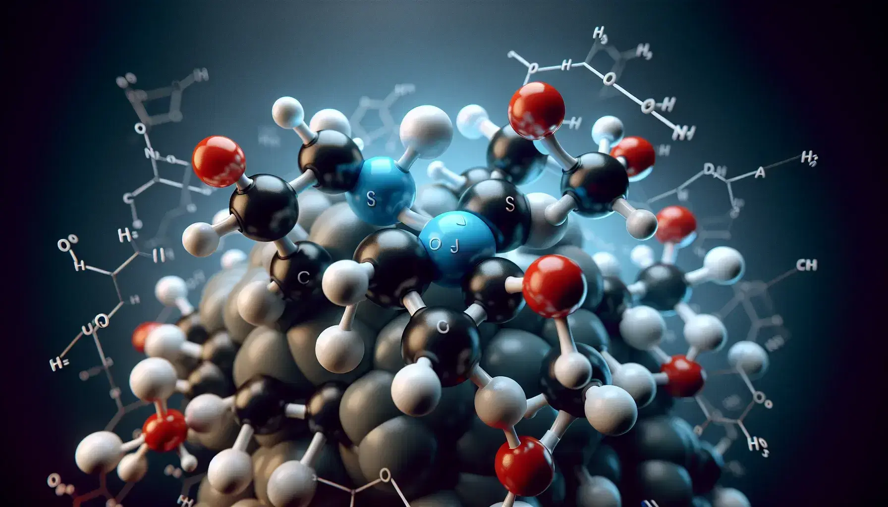 Molecular model of an amino acid with a black central carbon, blue amino group, red carboxyl group, hydroxyl group and gray side chain.