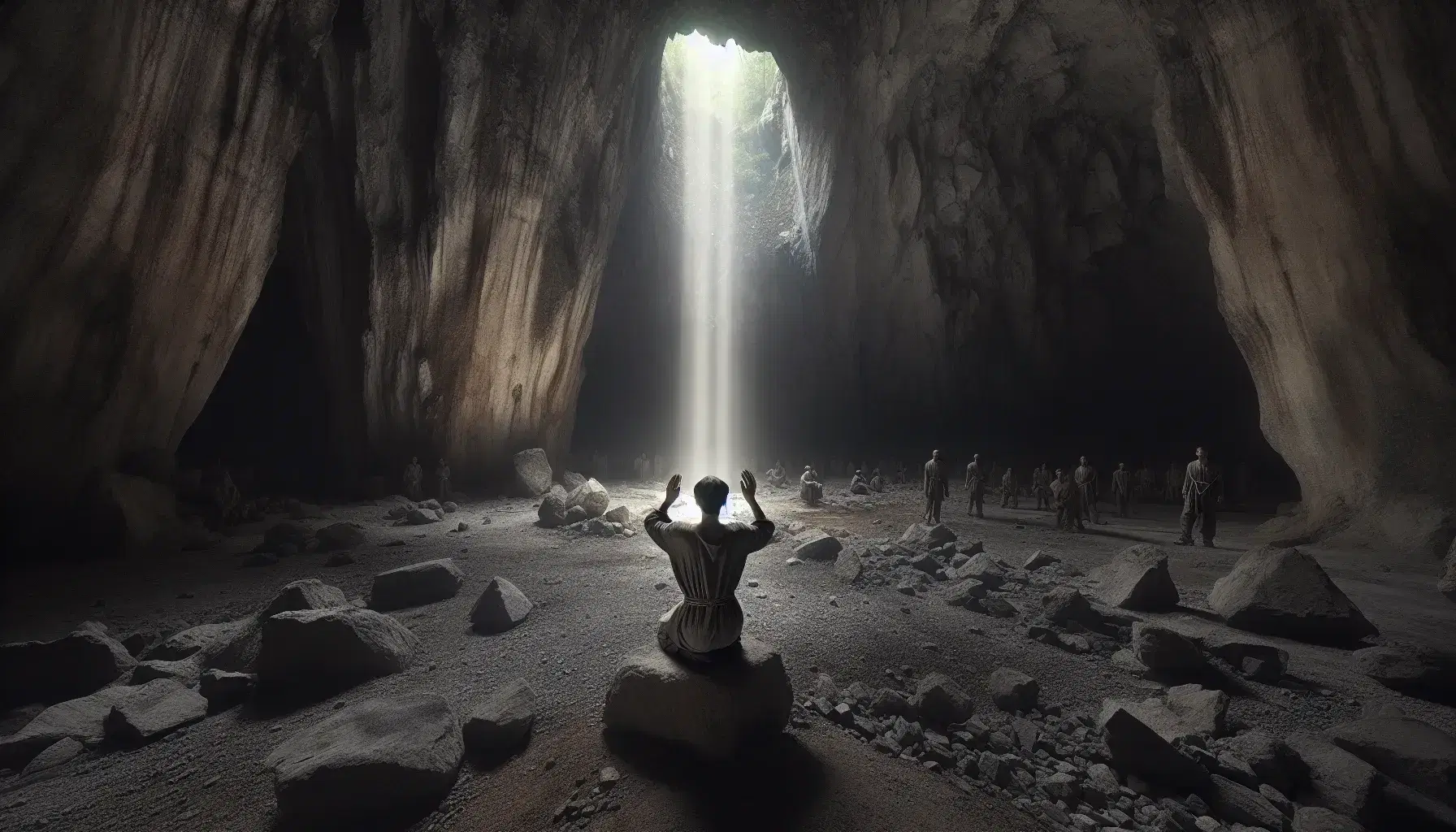 Grotta spaziosa con pareti rocciose, fascio di luce naturale illumina figura umana sorpresa, ombre sfocate su parete e persone legate in lontananza.