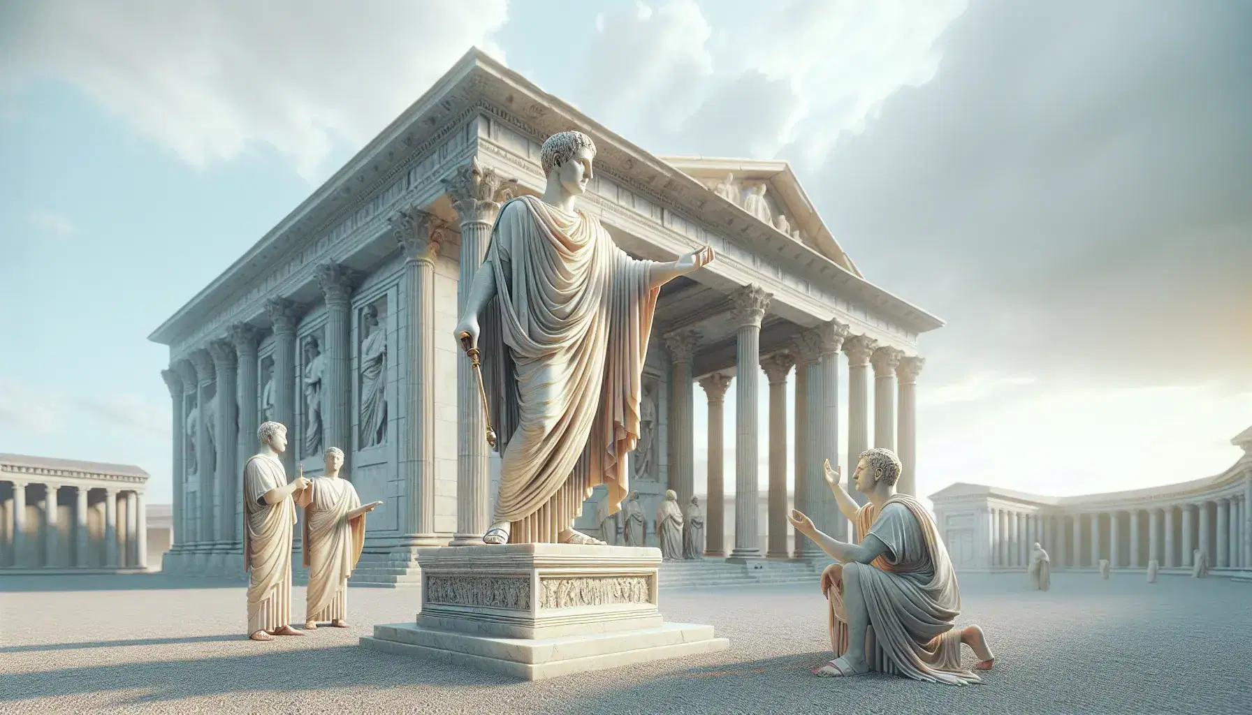 Statua marmorea di re romano con scettro e mantello, tempio con colonne corinzie sullo sfondo e figure in dialogo sotto cielo azzurro.