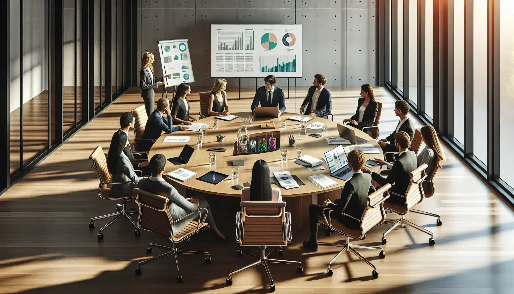 Diverse team collaborates around oval conference table with laptop, tablet, reports, and colorful markers in a bright, modern office setting.