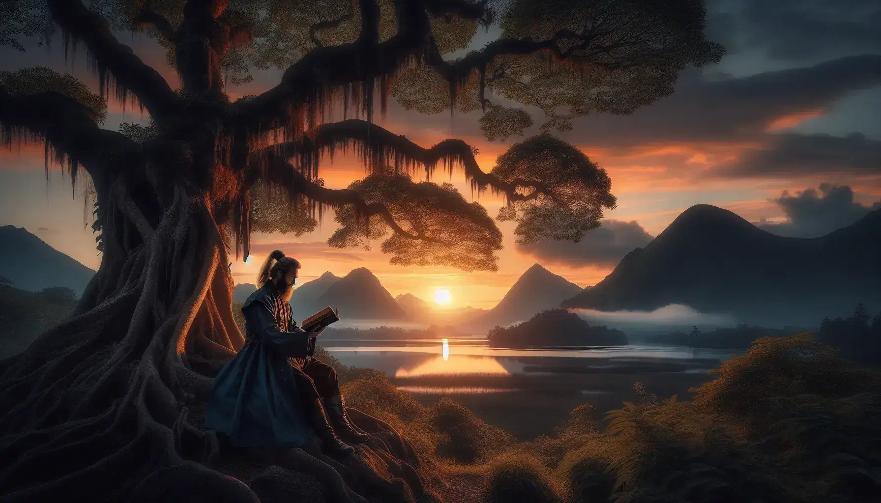 Paisaje natural al atardecer con árbol frondoso y figura humana leyendo bajo sus ramas, montañas al fondo y reflejo en lago tranquilo.