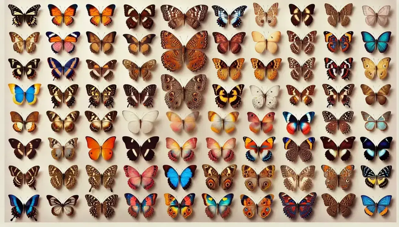 Collage di farfalle con ali spiegate mostrando varietà di colori e motivi, da toni marroni a blu elettrico, ideale per studi sulla biodiversità.