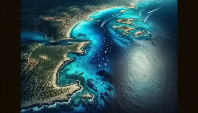 Vista aerea del Mar Mediterraneo con sfumature di blu, costa frastagliata, spiaggia sabbiosa e vele bianche su piccole barche.