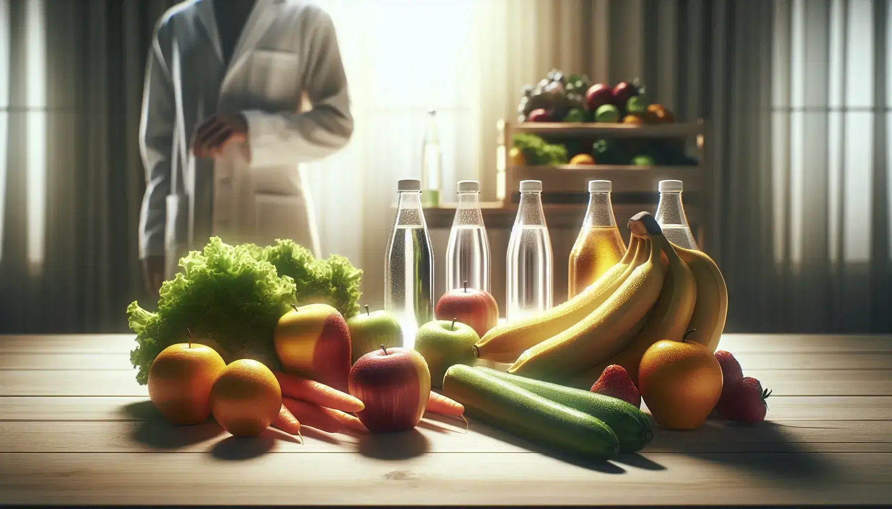 Mesa de madera clara con frutas frescas como bananas, manzanas rojas y verdes, zanahorias y lechuga, botellas de líquido transparente y figura humana desenfocada al fondo.