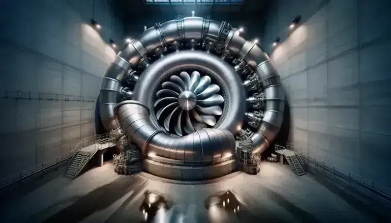 Turbina hidráulica metálica con aspas curvas y brillantes en una instalación hidroeléctrica, rodeada de tuberías y estructura circular.