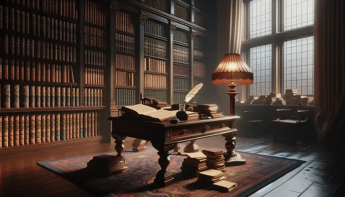Biblioteca antigua con estantes de madera oscura llenos de libros, mesa central con lámpara y pluma, y alfombra persa en suelo pulido.
