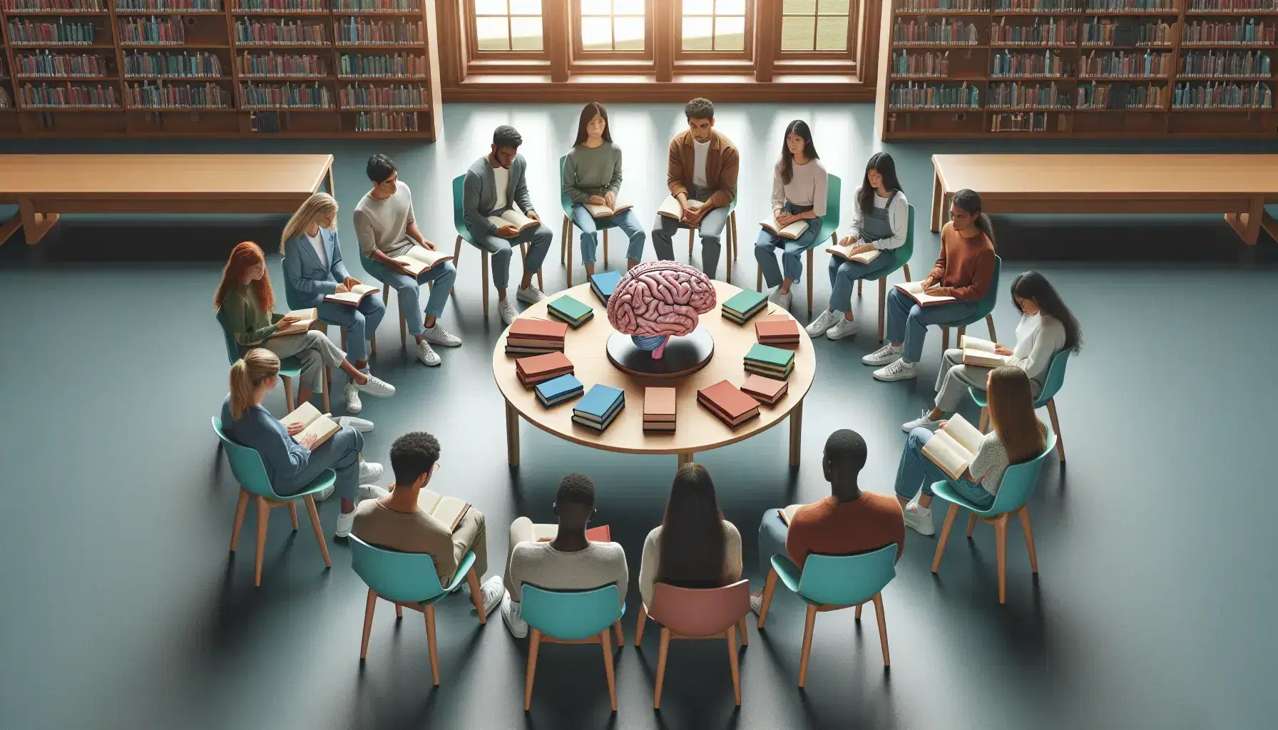 Estudiantes multiculturales estudiando anatomía cerebral con un modelo en una biblioteca iluminada naturalmente, rodeados de libros y sentados en sillas de colores pastel.