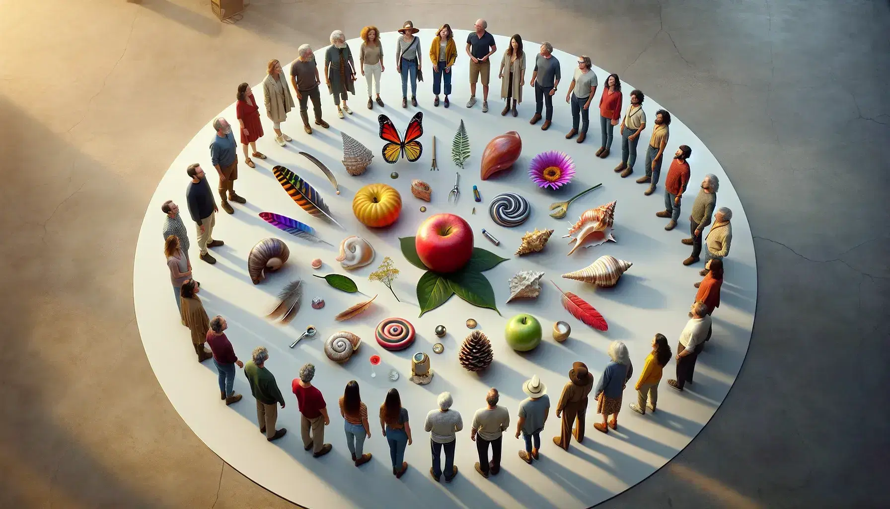 Grupo diverso de personas en conversación alrededor de objetos como manzana roja, concha marina, pluma de ave y flor multicolor en ambiente iluminado.