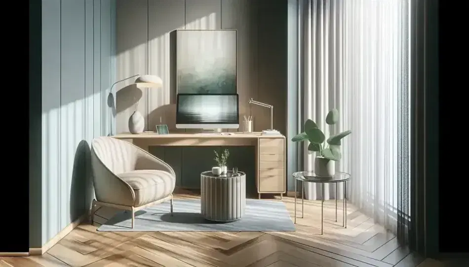 Modern therapeutic office with comfortable armchair, light wooden desk, green plant and abstract painting, soft natural lighting.